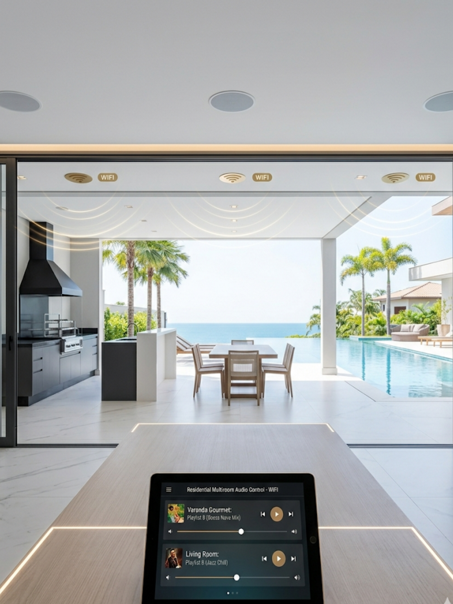 Área gourmet integrada à piscina com caixas de som de embutir no teto, mostrando trilha sonora ambiente em dia ensolarado.