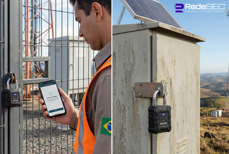 Torre de telecomunicações em área remota com proteção perimetral e controle de acesso para técnicos de manutenção.