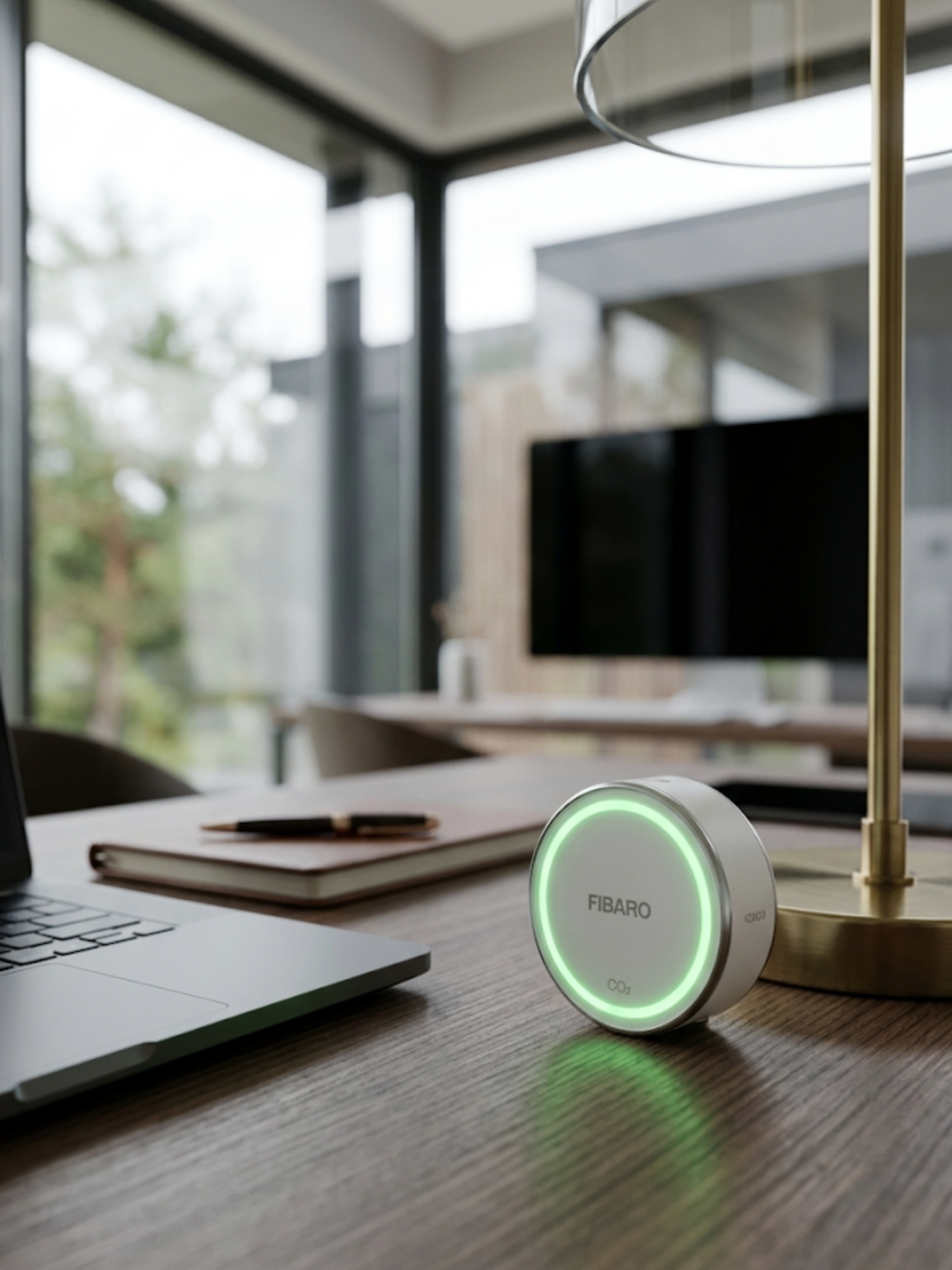 Close-up sofisticado de sensor Fibaro CO2 em mesa de home office de design, com luz de LED verde indicando ar puro.