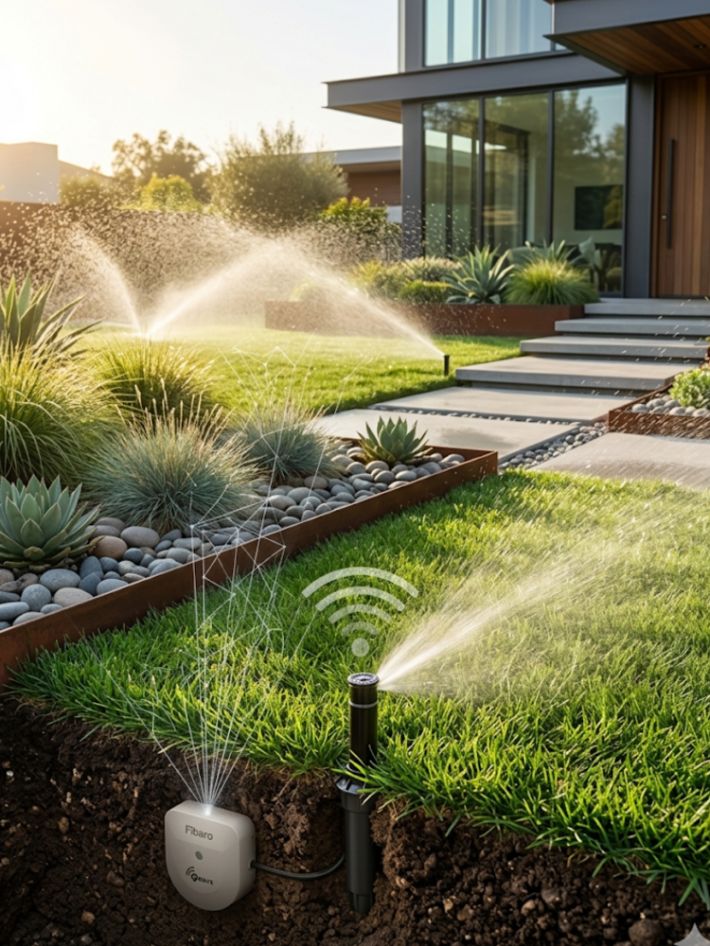 Sistema de irrigação inteligente Fibaro com aspersores ativos em jardim de luxo minimalista e gramado impecável.