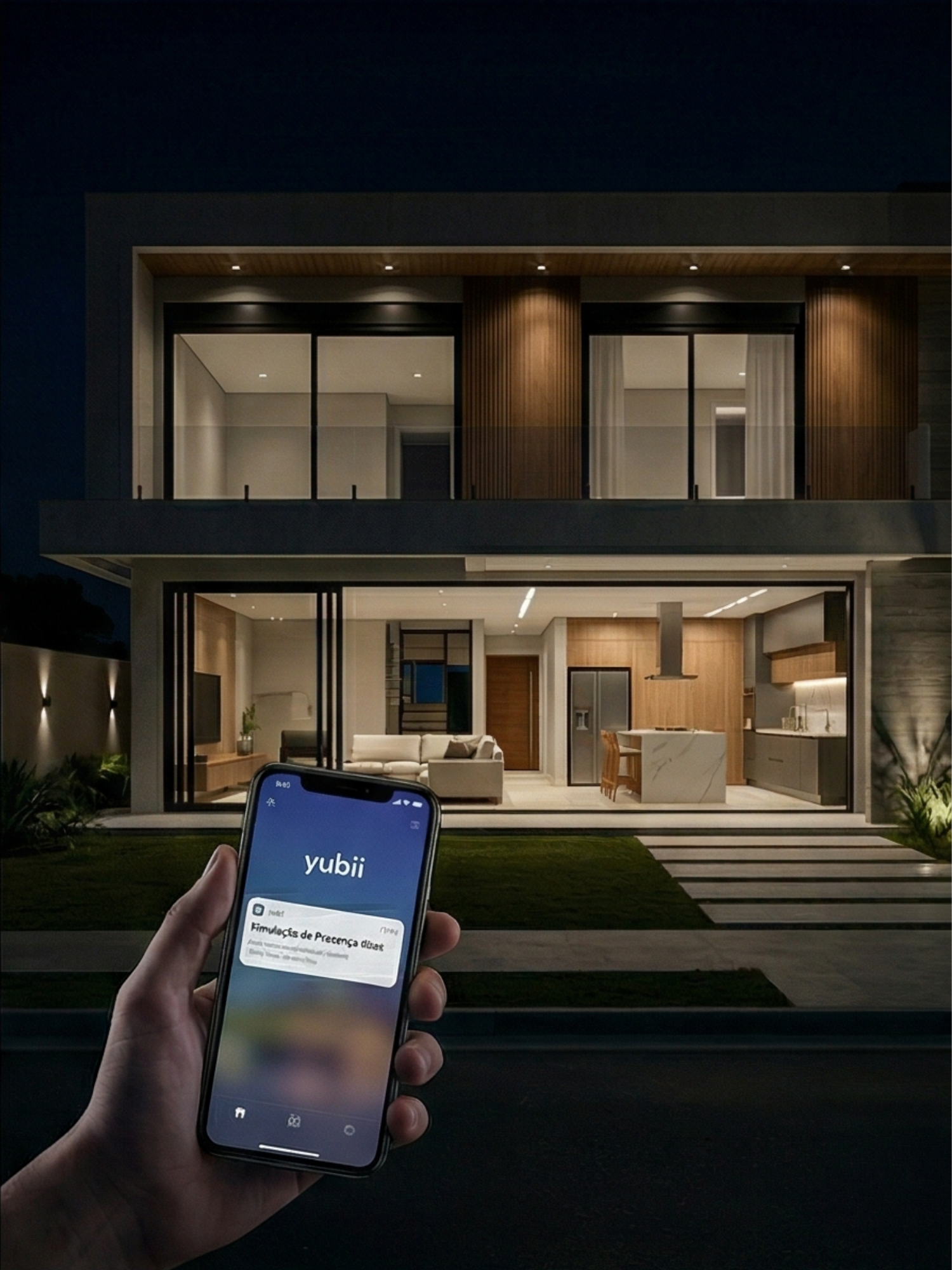 Uma vista noturna de uma casa moderna de alto padrão com arquitetura contemporânea e iluminação interna visível. No primeiro plano, uma mão segura um smartphone com a tela ligada, mostrando o aplicativo 'Yubii' e uma notificação de 'Acesso Remoto', sugerindo o controle da casa.