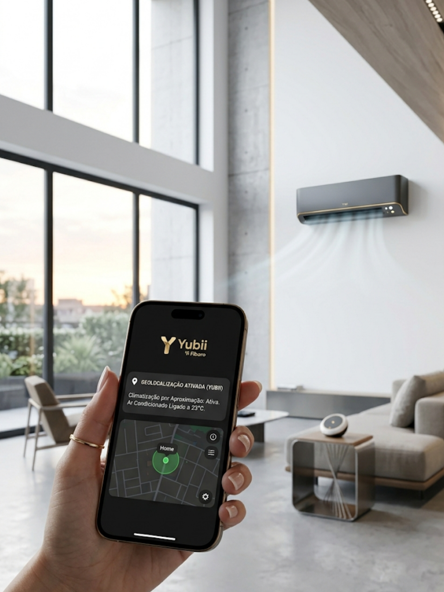 Interior de loft moderno e fresco com ar condicionado de design em funcionamento, com smartphone em primeiro plano mostrando notificação de geolocalização ativada na App Yubii.