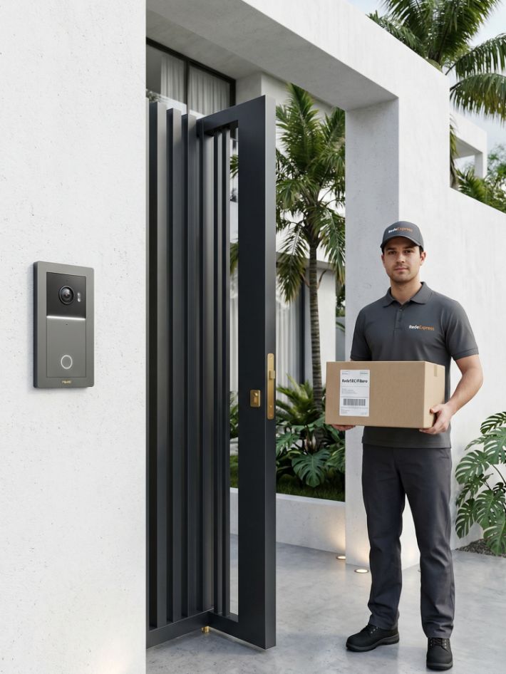 Videoporteiro inteligente destrancando portão social remotamente para entregador com encomenda em condomínio de luxo.
