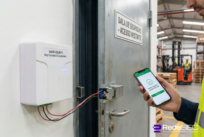 Operador logístico abrindo contêiner de carga utilizando tecnologia keyless via smartphone em centro de distribuição.