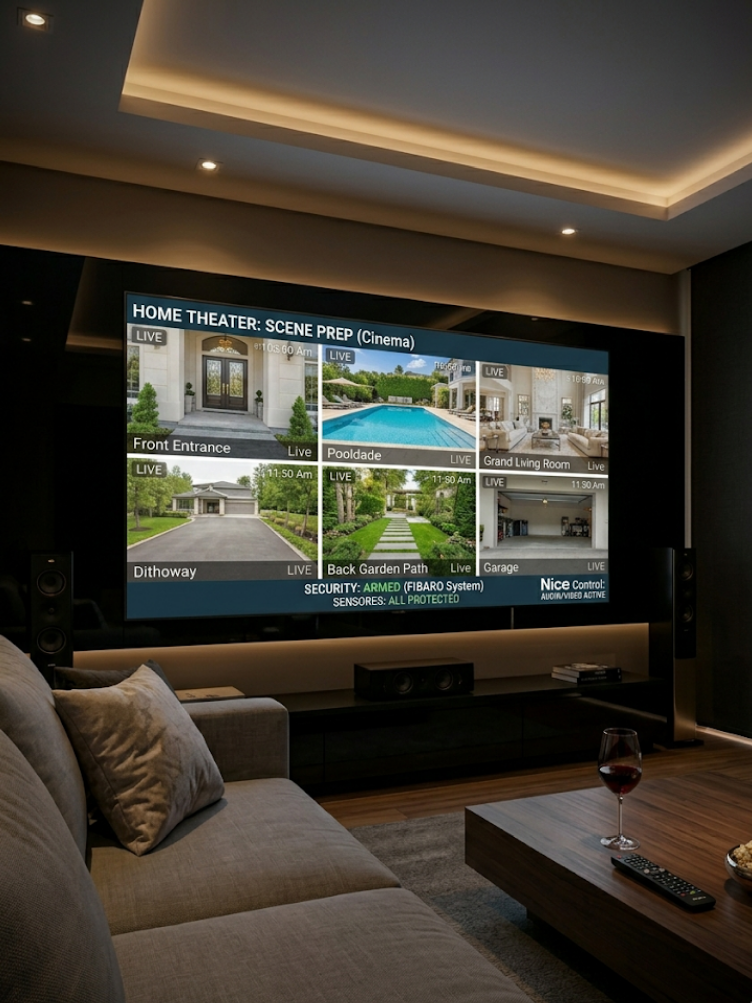 Living de luxo mostrando interface de segurança na tela de uma TV gigante, enquanto o ambiente se prepara para uma cena de cinema, sugerindo áudio e vídeo.
