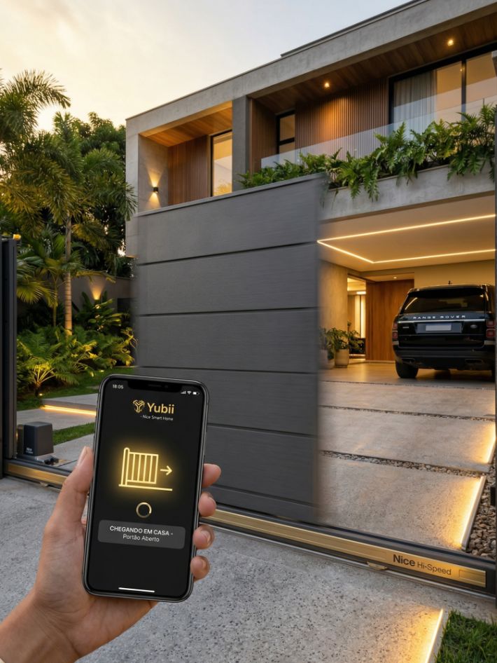 Portão de correr de luxo com motor Nice Hi-Speed abrindo rapidamente via aplicativo Yubii no smartphone.