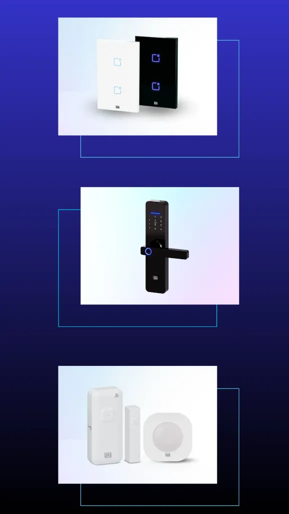 Fechadura digital inteligente de embutir e interruptores touch da linha modular Refinatto Smart da WEG Home aplicados em arquitetura de escritório corporativo de alto padrão.