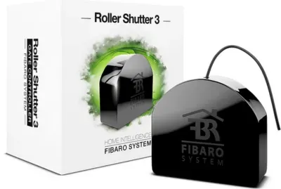 Módulo Roller Shutter 3 da Fibaro para controle de persianas motorizadas e cortinas, com calibração automática de posicionamento preciso.