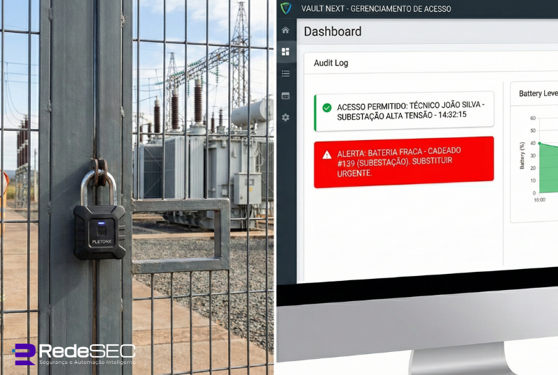 Subestação de energia elétrica industrial com portões de alta segurança geridos por controle de acesso auditável.