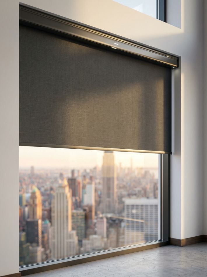 Close-up de persiana de rolo motorizada Fibaro parando exatamente a 50% de altura em loft de luxo minimalista