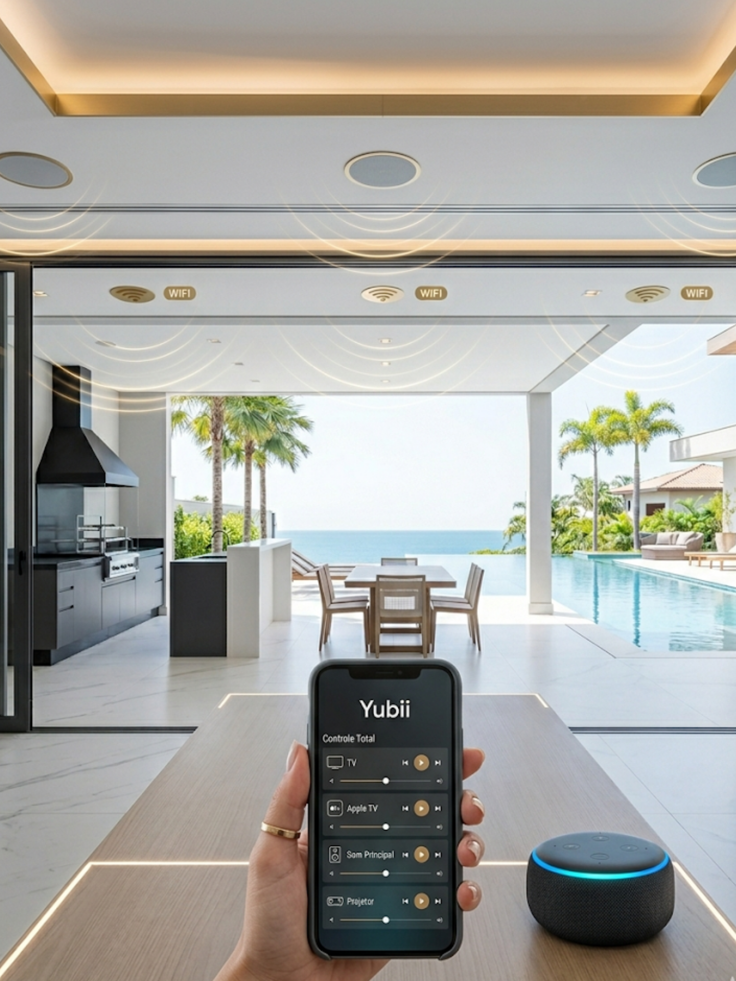 Mão segurando smartphone com app Yubii controlando interface de som, próximo a uma assistente de voz Alexa em móvel de design.