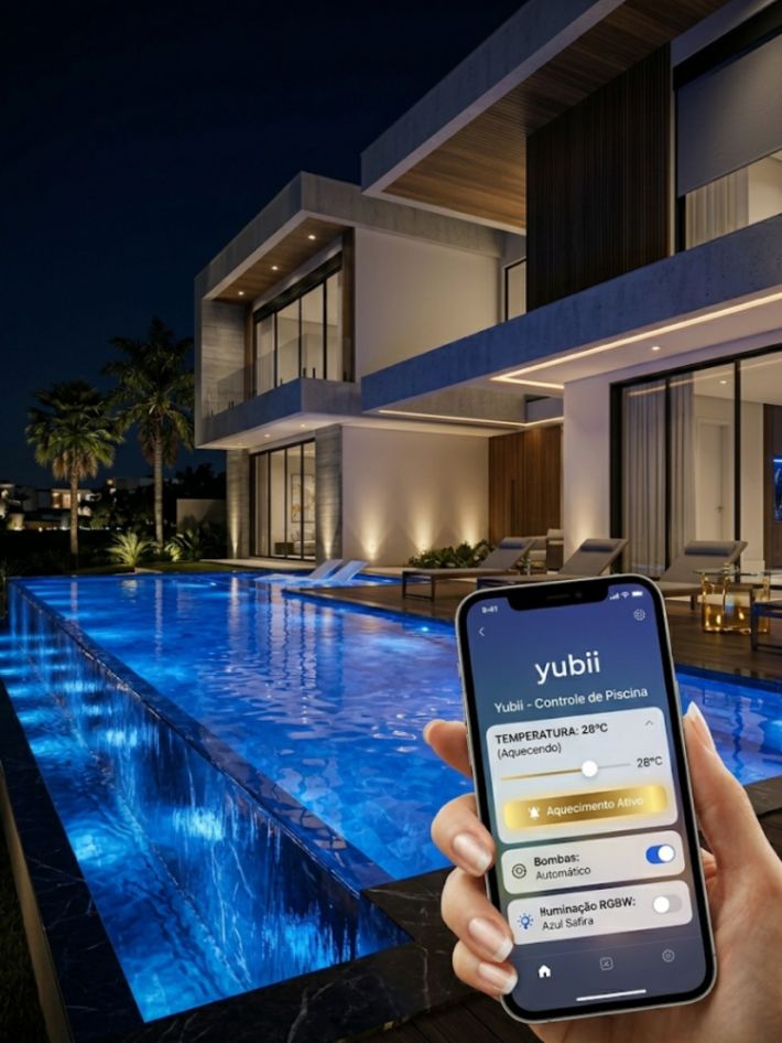 Piscina de borda infinita iluminada com LED azul e smartphone em destaque mostrando aplicativo Yubii para controle de temperatura.