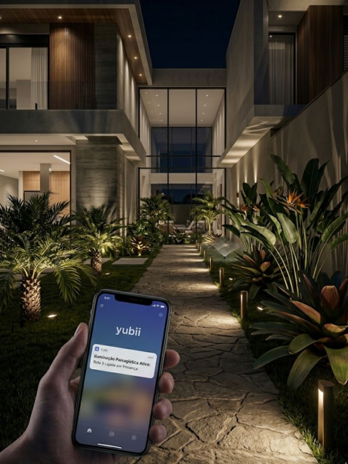 Jardim noturno de luxo com iluminação automatizada destacando plantas ornamentais e caminhos de pedra esculpida.