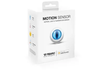 Multisensor 4 em 1 Fibaro Motion Sensor em formato de olho de gato, detectando presença, luminosidade, temperatura e vibração.