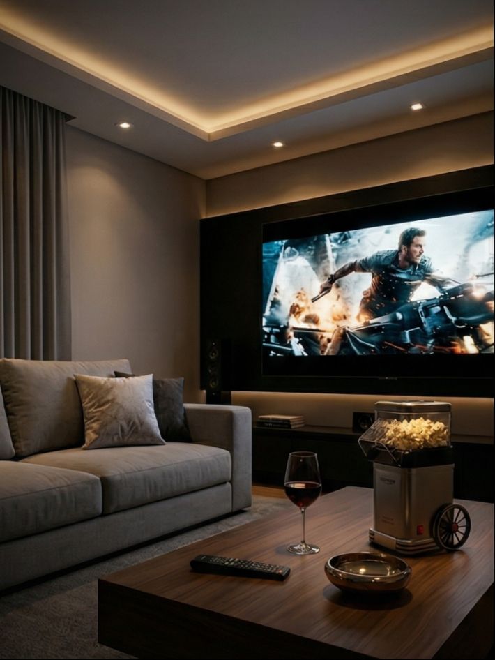 Uma luxuosa sala de cinema em casa com iluminação quente embutida dimerizada. Uma grande TV exibe um filme de ação com alta nitidez. Há um sofá cinza moderno e confortável, e uma mesa de centro de madeira escura com pipoca gourmet e uma taça de vinho, criando um ambiente aconchegante.