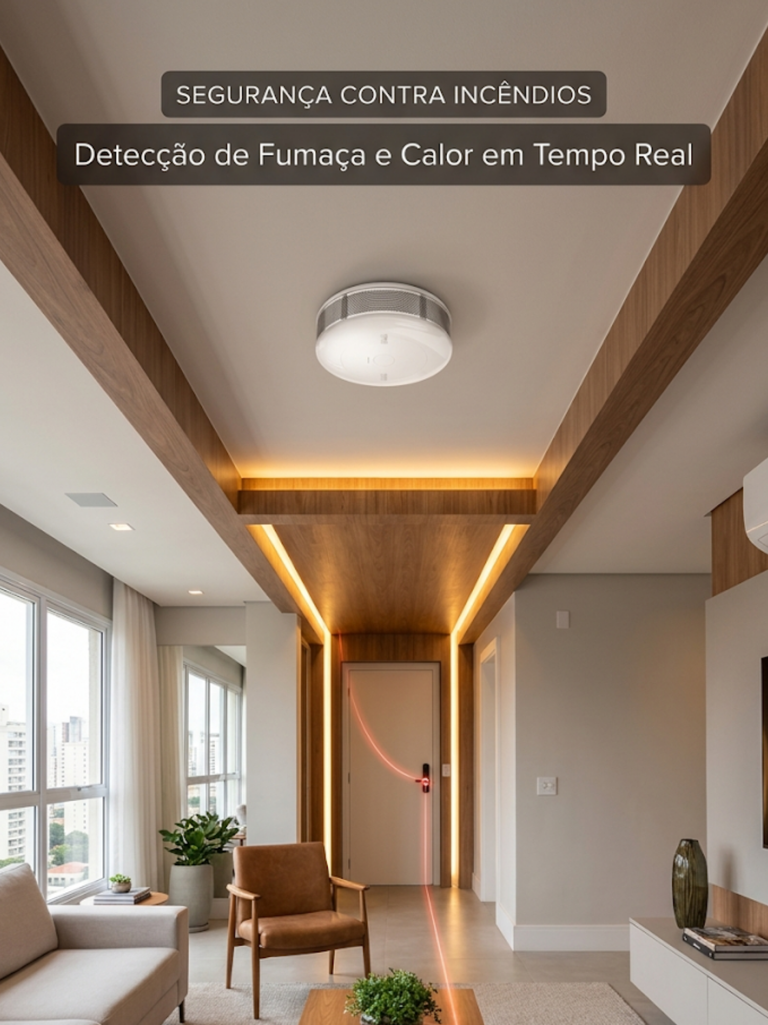 Detector de fumaça Fibaro de design minimalista instalado em teto de madeira de sanca em sala de estar moderna.