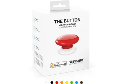Botão de acionamento manual The Button da Fibaro em cor vermelha vibrante, gatilho sem fios para cenas de pânico ou automação residencial.
