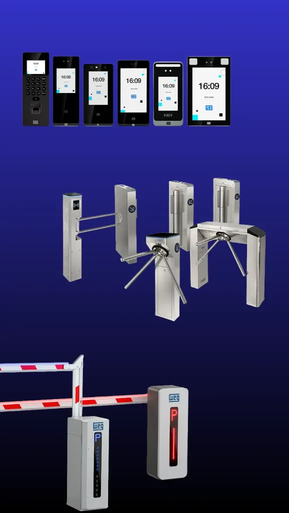 Catraca de pedestal Core WA-PD da WEG integrada com terminal de reconhecimento facial inteligente WAccess instalada em portaria corporativa premium.