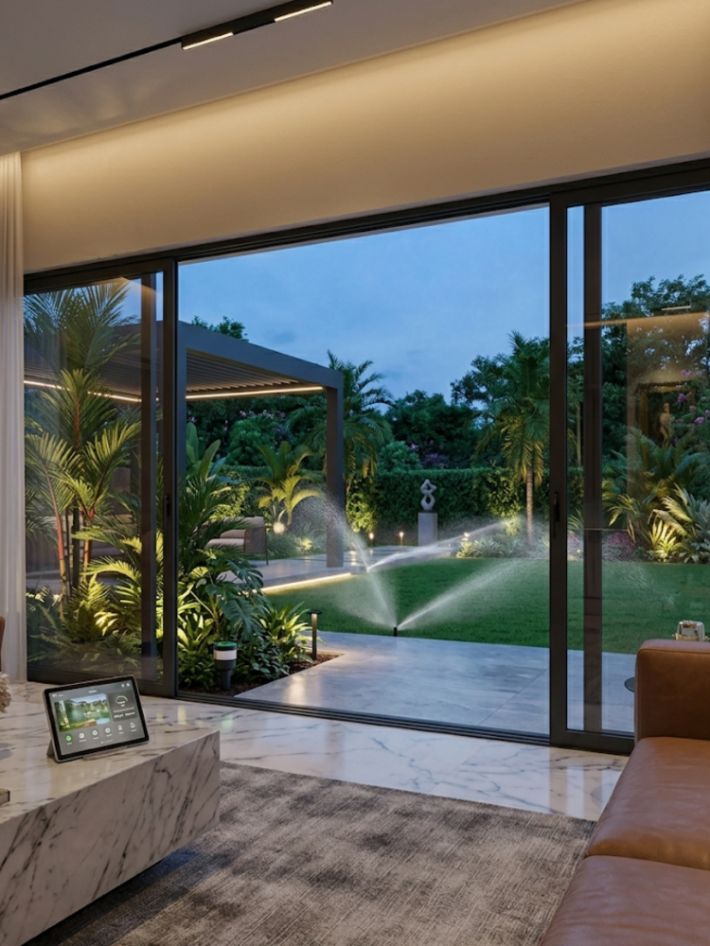 Vista de dentro de um living de luxo através de grandes portas de vidro para um jardim iluminado e verdejante com aspersores ativos.