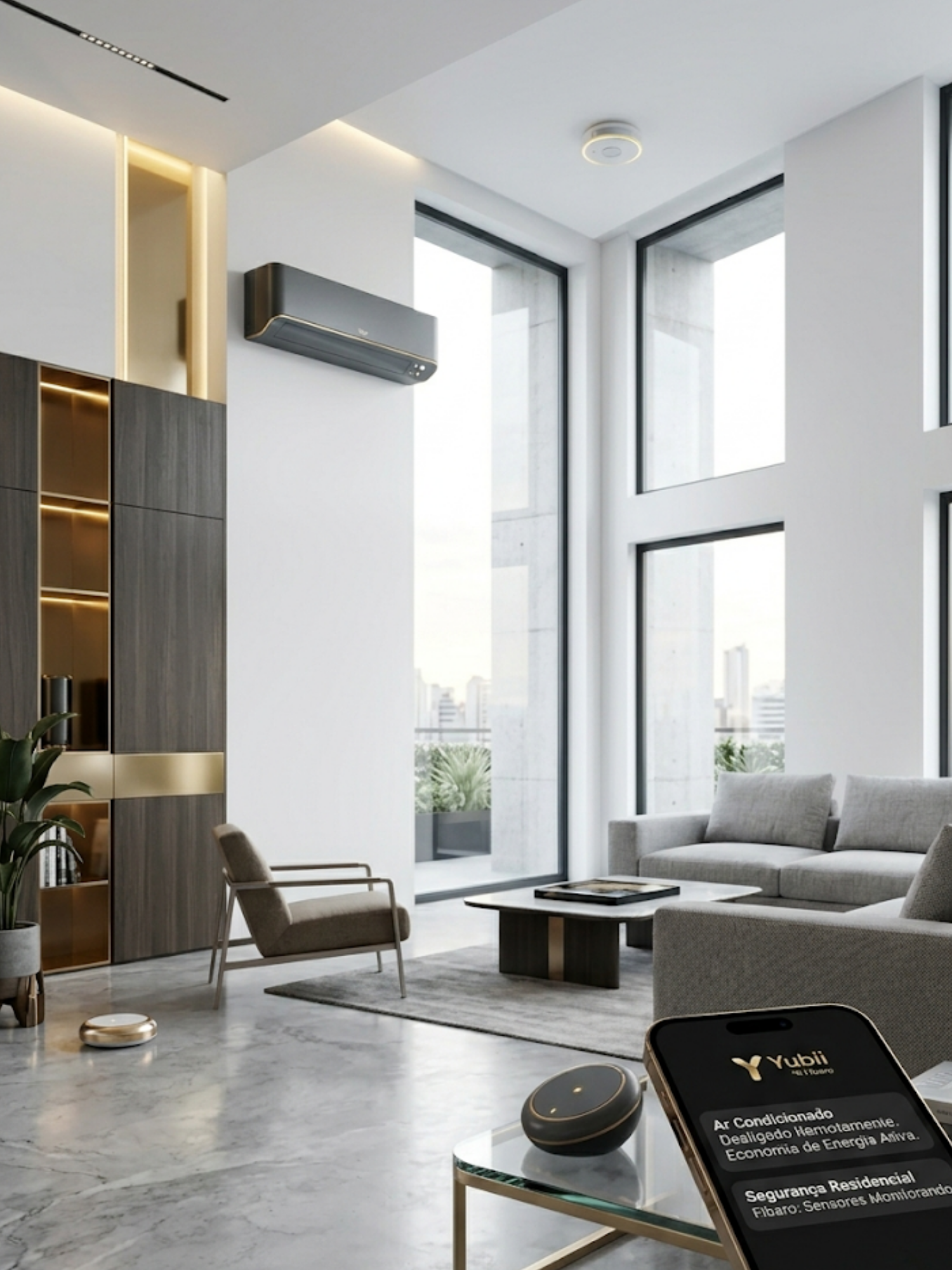 Living de luxo minimalista e fresco, mostrando ao fundo um detector de fumaça e um sensor de inundação Fibaro Z-Wave em locais discretos, sugerindo proteção completa.