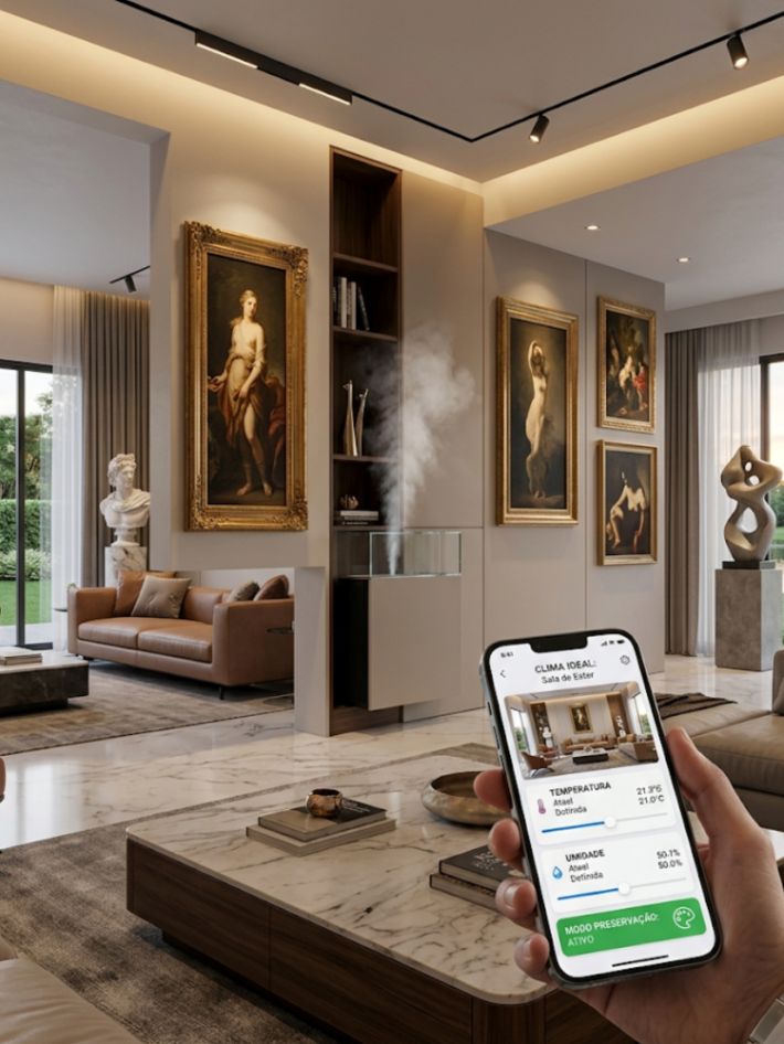 Sala de estar com quadros de arte caros, mostrando umidificador de design integrado e controle de temperatura no smartphone.