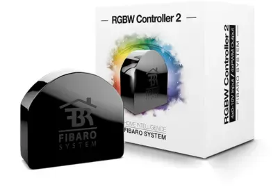 Controlador RGBW Controller 2 da Fibaro para fitas de LED coloridas e integração de sensores analógicos 0-10V em redes Z-Wave.