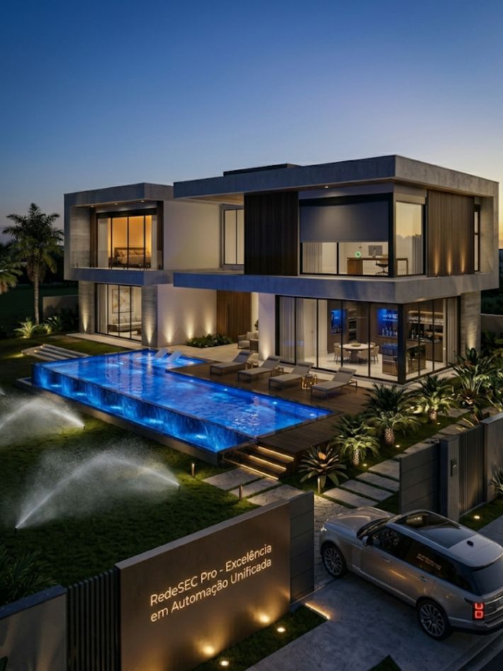 Vista aérea de uma propriedade de luxo totalmente automatizada ao entardecer, com a marca da RedeSEC sugerindo excelência.