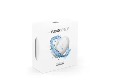Detector de inundação Fibaro Flood Sensor com sondas telescópicas banhadas a ouro e sensor de inclinação para proteção contra vazamentos.