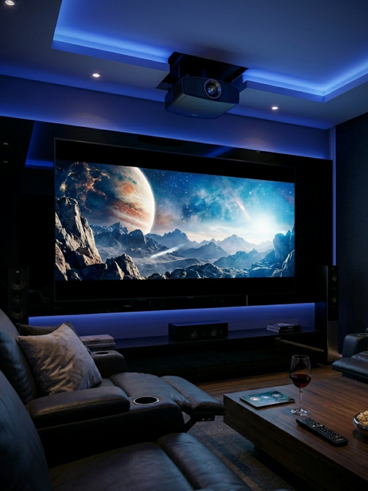 Sala de cinema em casa de luxo com poltronas de couro, tela de projeção gigante e iluminação de sanca dimerizada azul.