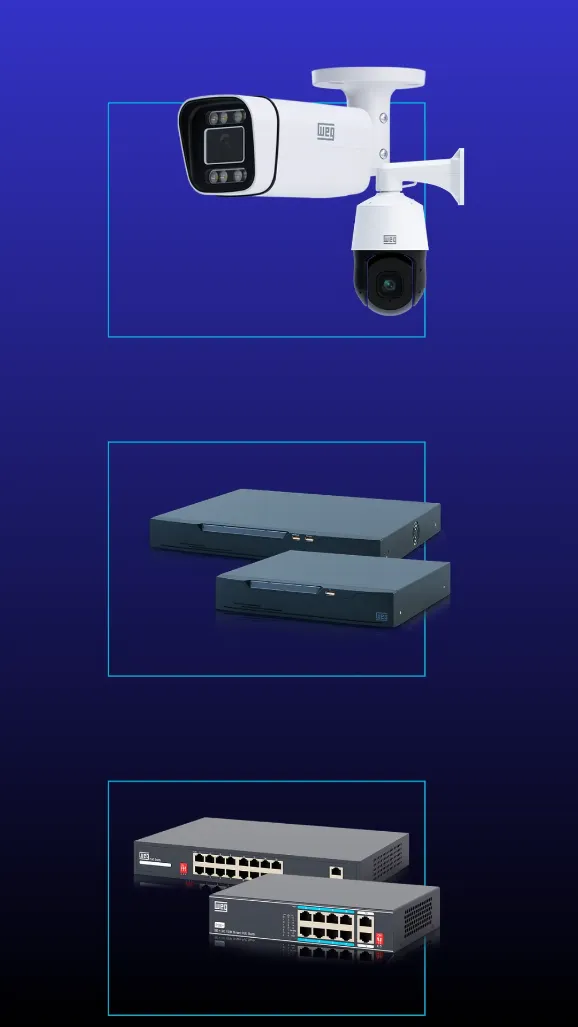 Câmeras de segurança IP PoE+ da linha WEG WCam com analíticos de inteligência computacional e tecnologia Night Color+ monitorando perímetro externo industrial.