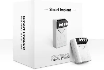 Dispositivo Smart Implant da Fibaro para integração de equipamentos analógicos e sensores de temperatura em sistemas de casa inteligente.