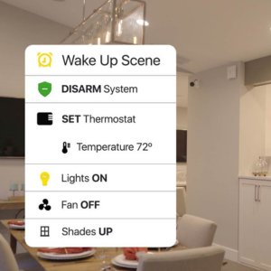 Diagrama de uma casa inteligente com ícones de dispositivos conectados, gerenciados pelo aplicativo Alarm.com.