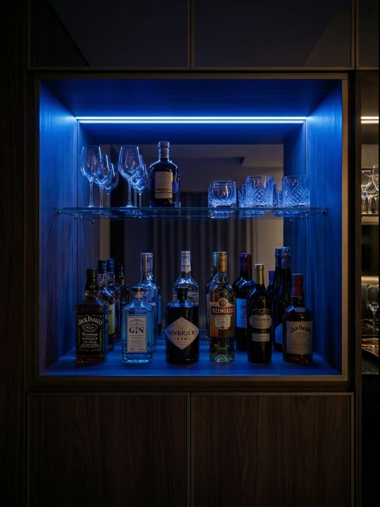 Close-up de um sofisticado nicho de bar embutido com iluminação de fita LED azul safira vibrante e exclusiva, que destaca garrafas de bebidas premium e copos de cristal em prateleiras de vidro. O ambiente é intimista com reflexos metálicos dourados.