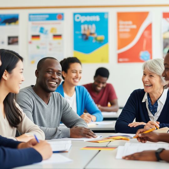 Um grupo diverso de pessoas interage e aprende alemão na Alemanha, mostrando amizade e intercâmbio cultural. Eles sorriem e conversam, representando a conexão genuína através do aprendizado compartilhado.