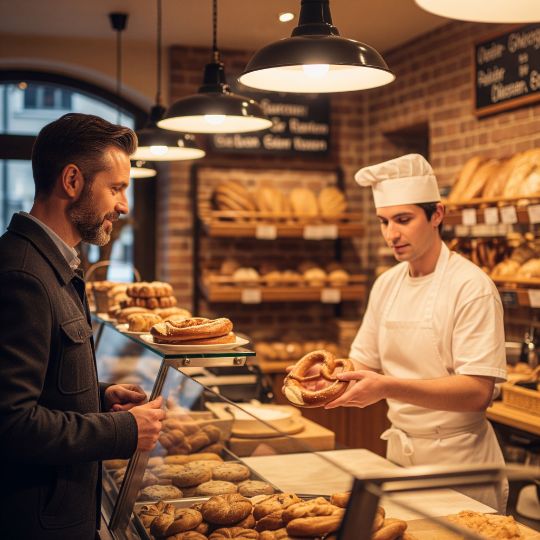 Um cliente, um homem de meia-idade com barba bem cuidada, está no balcão de uma padaria tradicional alemã, pedindo um pretzel quentinho.