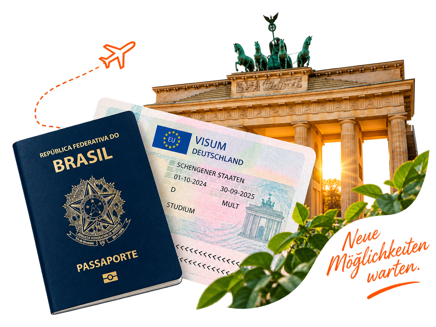 Passaporte brasileiro e visto para a Alemanha em frente ao Portão de Brandemburgo