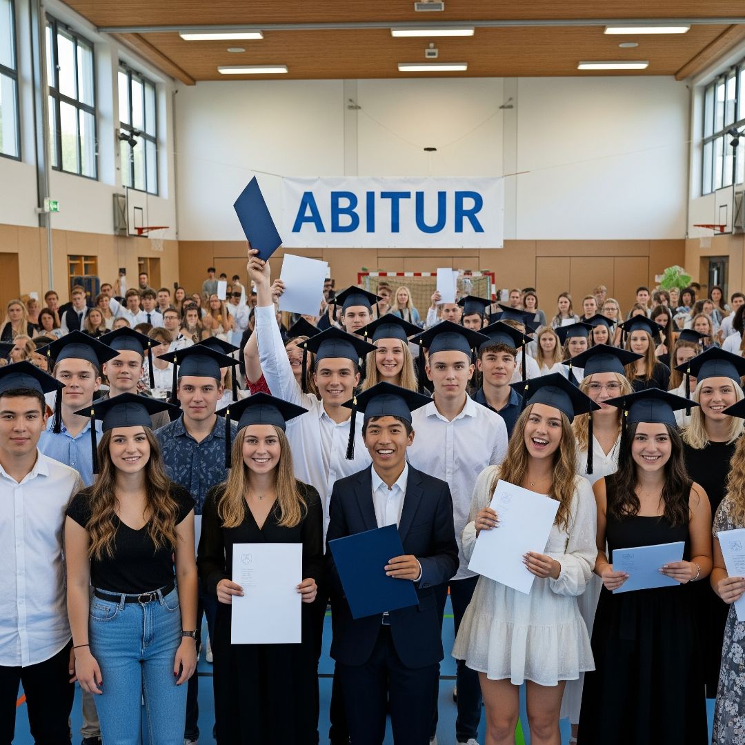 Estudantes alemães do ensino médio em seus capelos e becas, celebrando a formatura em um ginásio. Expressões de alegria, orgulho e a culminação de anos de trabalho.