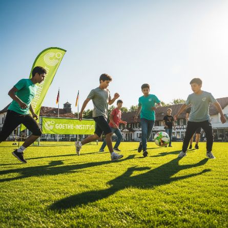 Imagen ilustrativa gerada por ia - Meninos e meninas adolescentes, de diversas origens, participam de uma animada partida de futebol durante um acampamento de verão do Goethe-Institut na Alemanha. Capturada em uma foto dinâmica e cinematográfica com uma lente grande angular, a foto destaca a energia e o espírito dos adolescentes enquanto perseguem a bola pelo campo bem cuidado.