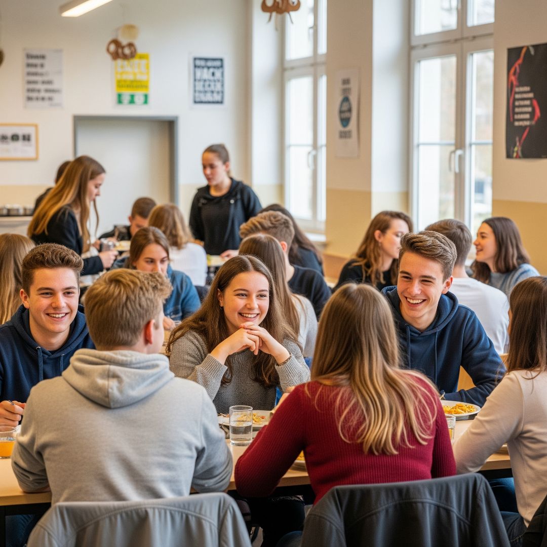 Um grupo de adolescentes em uma cafeteria escolar alemã bem iluminada, rindo, conversando e compartilhando uma refeição, capturando a energia social e as novas amizades.
