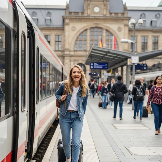 Uma jovem com cabelos longos e loiros, vestida casualmente, sai de um trem em uma estação movimentada na Alemanha. Ela sorri animada, com os olhos brilhando de entusiasmo.