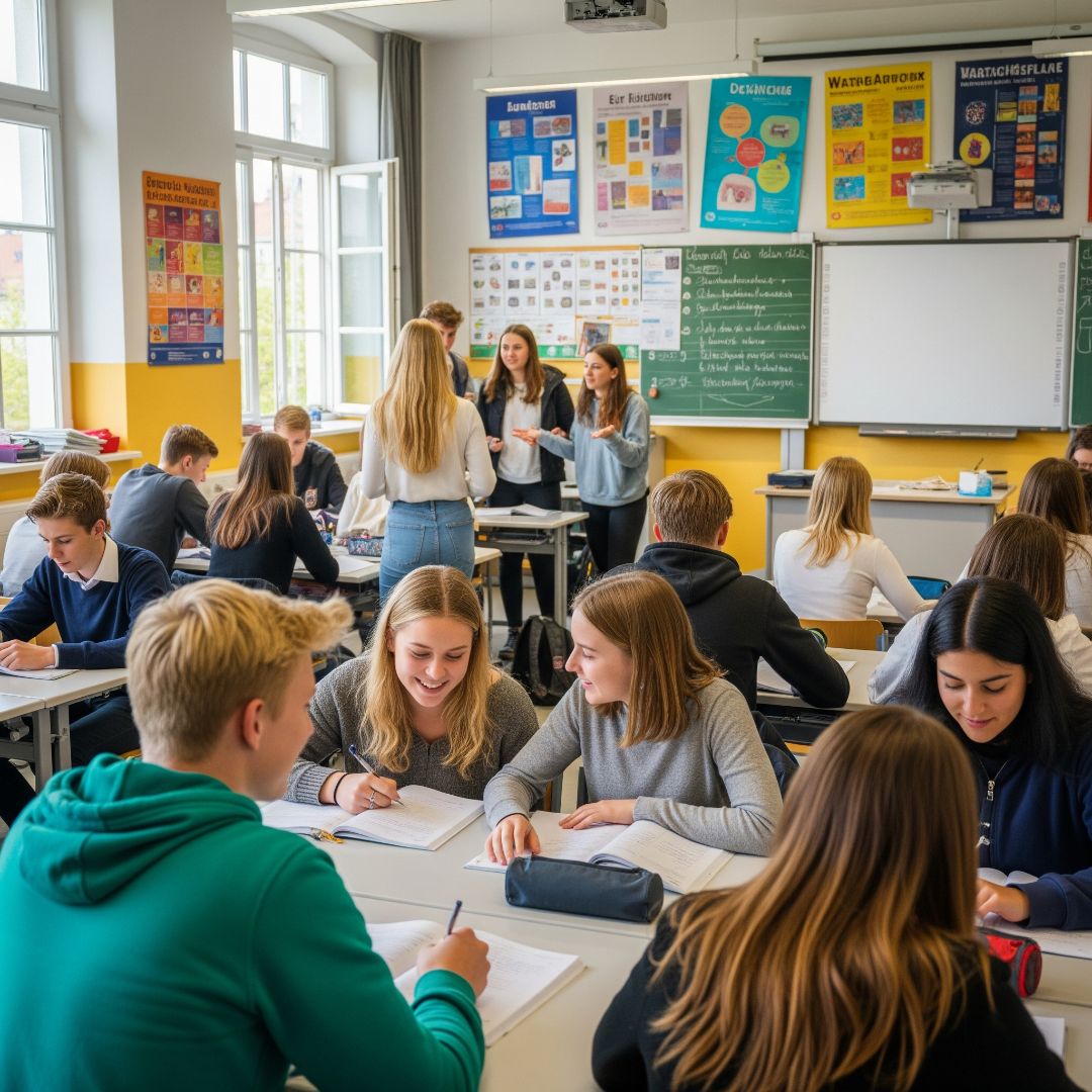 Uma sala de aula alemã vibrante, cheia de adolescentes diversos. A sala está repleta de pôsteres e gráficos educacionais, com alunos conversando, tomando notas e trabalhando.