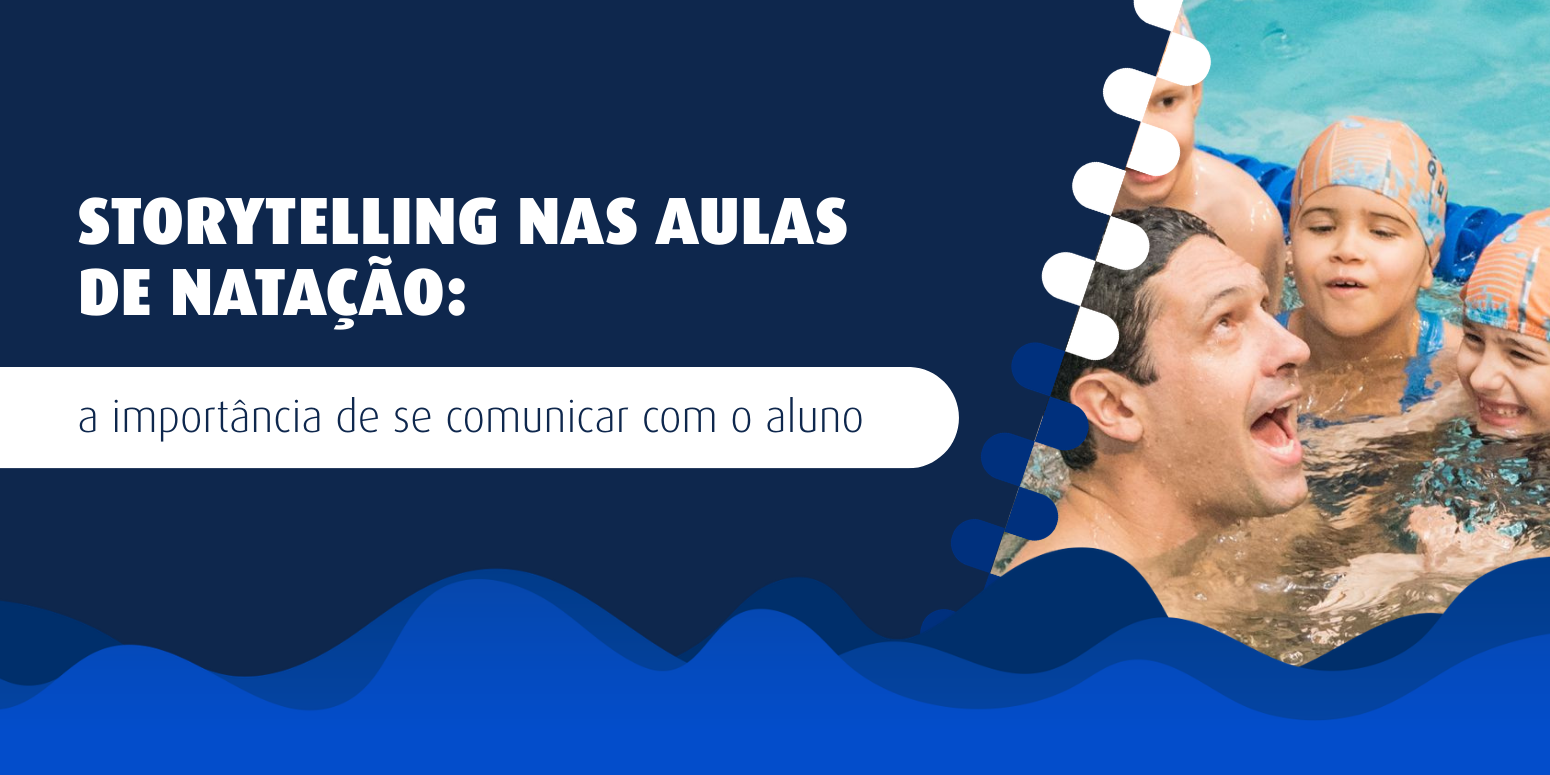 Gustavo Borges em aula com crianças, utilizando do storytelling para comunciar e encantar os alunos de natação